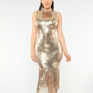 Fashion Nova Shimmering Gold Sequin Midi Dress